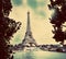 Eiffel Tower and Seine River, Paris, France. Vintage