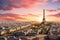 Eiffel Tower and Seine river at sunset, Paris, France, Aerial panoramic view of Paris with Eiffel Tower at sunset, France, AI