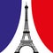 Eiffel tower silhouette in front of french tricolor flag curtains. Emblem of Paris, capital city of France. Europe. Vector illustr