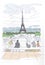 Eiffel Tower sketch vector art watercolor card