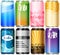 Eight aluminum cans with different designs