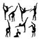 Eight black figures of gymnasts on a white background. Slim sportive woman doing yoga and fitness exercises. Healthy