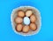 Eight brown chicken eggs and one blue salted duck egg