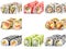 Eight different sushi rolls , white background