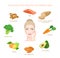 Eight foods for healthy skin. Fresh sources of vitamines. Vector