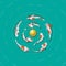 Eight Koi fish are swimming around a golden sphere.