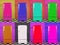 Eight old multi-colored fridges on different backgrounds