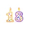 Eighteen years anniversary, 18 number shaped birthday candle with fire on white