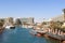 Eilat lagoon with hotel resorts and ships, Israel