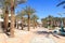 Eilat resort promenade with palm trees and shops, Israel