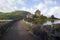 Eilean Donan castle and bridge path from scenic lookout Scotland