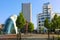 EINDHOVEN, NETHERLANDS - JUNE 5, 2018: Day view of the old Philips factory building and modern futuristic building in the city