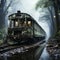 Eiry broke down an old haunted train in the forest, with misty forest setting, generative ai