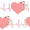 EKG seamless pattern. Pink hearts with flowers on electrocardiogram. Original health related background. Medical illustration for