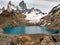 El Chalten, Argentina. January 18 2019. Fitz Roy a couple enjoy a beautiful day in Lagoon de Los Tres Laguna de Los Tres & Mount