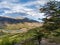 El Chalten, Argentina. January 18 2019. View of the River mountains and trees and the river call las vueltas. Panoramic view of