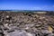 El Cotillo - Faro del Toston: View over black volcanic sharp volcanic rocks on ocean horizon north Fuerteventura