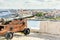El Morro spanish fortress with cannon aimed to Havana city and liner docked in the port, Havana