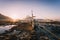 El Nido, Banca boat in low tide with beautiful sunset in background. Palawan island, Philippines