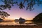 El Nido bay. Palawan, Philippines. Silhouette of palm trees in sunset light. Exotic tropical island in background