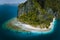 El Nido, Palawan, Philippines. Aerial drone image of epic surreal Pinagbuyutan Island with Ipil beach, banca boats and