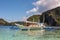 El Nido Palawan Philippines: Tropical landscape with boat, blue and crystal clear sea water, white sand and island