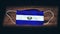 El Salvador National Flag at medical, surgical, protection mask on black wooden background. Coronavirus Covidâ€“19, Prevent