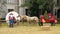 Elaborate Christmas display with cowboy Santa and a sleigh pulled by horses in Dallas, Texas