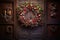 elaborate christmas wreath hanging on a wooden door