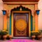 An elaborate door decorated with vibrant rangoli patterns and marigold flowers to greet guests on Diwali.