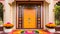 An elaborate door decorated with vibrant rangoli patterns and marigold flowers to greet guests on Diwali.