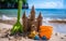An elaborate sand castle with green shovel and orange bucket on a tropical beach, inviting thoughts of summer escapades