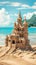 An elaborate sand castle stands on the sandy shore by the waters edge, blending into the natural landscape as a stunning