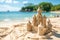 An elaborate sand castle stands on the sandy shore by the waters edge, blending into the natural landscape as a stunning