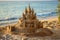 An elaborate sand castle stands on the sandy shore by the waters edge, blending into the natural landscape as a stunning
