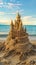 An elaborate sand castle stands on the sandy shore by the waters edge, blending into the natural landscape as a stunning