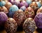 Elaborately decorated chocolate and candy Easter eggs.