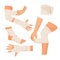 Elastic bandage on injured human body parts set