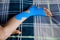 Elastic therapeutic blue tape applied to patient`s left leg.