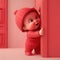 Elated toddler in red overalls against a light pink wall, digital character avatar AI generation