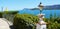 Elba island, iron lamp, plants, boats, sea, terrace in Italy, Europe