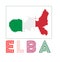 Elba Logo. Map of Elba with island name and flag.