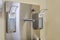 Elbow soap and antiseptic dispenser or sanitizer wall mounted for hand disinfection and water tap sink with faucet bathroom or