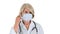 Elder doctor or nurse taking off medical mask smiling on white background.