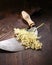 Elder flowers, round knife and cutting board