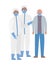 Elder man with mask and doctors with protective suits against Covid 19 vector design