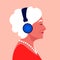 Elder woman listen to music on headphones. Music therapy. Grandmotherâ€™s profile.