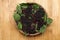 Elderberries Sambucus with leaves in bowl on wooden table, top view