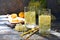 Elderberry flowers and lemon drink. Refreshment healthy elder juice. Glass of elderflower lemonade on wooden rustic board. Alterna