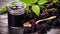 Elderberry jam nestled in a glass jar on a wooden table